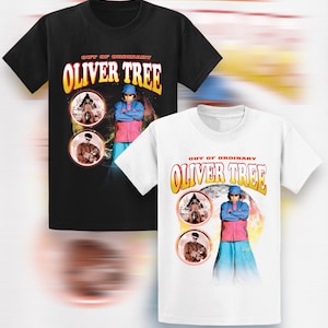 May include: Two t-shirts with a black and white design featuring a person wearing a blue jacket and pants. The text "OUT OF ORDINARY OLIVER TREE" is printed on the shirts.