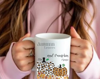 Customizable Autumn Leaves and Pumpkin Please Coffee Mug, Fall Harvest Ceramic Cup