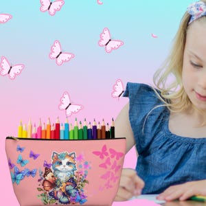 Cat & Butterflies Pencil Pouch, Gift for Little Girl, Gift for Teen, Personalized Gift, Home Office Essential, Back to School Supply