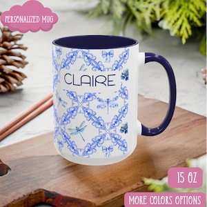 Custom Chinoiserie Coffee Mug, Blue Dragonfly Coffee Mug, French Toile Mug, Blue Toile Coffee Cup for Mom, Toile Coquette Tea Cup Gift