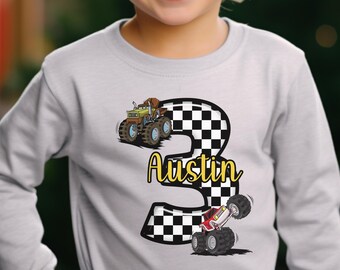 Custom Monster Truck Toddler Long Sleeve Tee, Monster Truck Birthday Boy Shirt, Racing Checkered Boy Tee, Personalized Gift, Kids Clothing