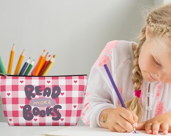 Checkered Pink Pencil Pouch, Gift for Kid Student, Gift for Teen, Pouch Travel, Gift for Home Office, Pencil Organizer Back to School Supply