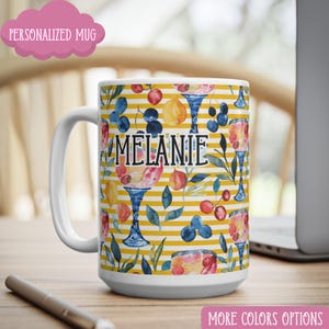 Personalized Berries Stripe Coffee Mug, Fruit Coffee Cup, Summer Vibes Drinkware Gift, Kitchen Gift, Mediterranean Lover&#39;s Mug, Granny&#39;s Cup