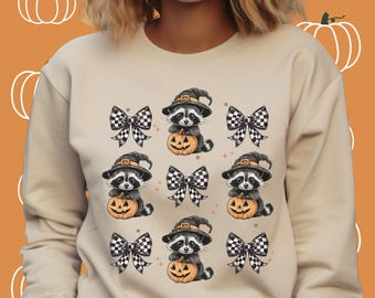 Spooky Raccoon Sweatshirt, Coquette Pumpkin Top, Witchy Raccoon Sweater, Raccoon Lovers Gift, Boho Pumpkin Sweater, Black Checkered Bow Top