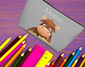 Personalized Baby Bull Zipper Pencil Pouch Gift for Kid Student Gift for Teen Gift for Home Office Pencil Organizer Back to School Supply
