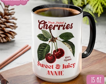 Custom Cherry Coffee Mug, Vintage Cherry Coffee Cup, Summer Drinkware, Cherry Coffee Cup, Custom Mug with Name, Cherry Lover Summer Mug