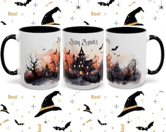 Custom Halloween Haunted House Coffee Mug, Gift for Her, Halloween Bats Spooky Mug, Scary Mug Gift, Mom Halloween Mug,