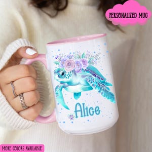 Personalized Floral Sea Turtle Mug, Ocean-Inspired Coffee Mug, Gift for Sea Lovers, Custom Name Mug, Beach House Decor Gift, Birthday Gift