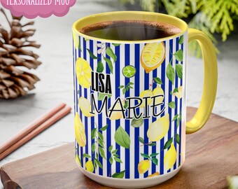 Personalized Lemon Stripe Coffee Mug, Lemons Coffee Cup, Summer Vibes Drinkware Gift, Kitchen Gift, Mediterranean Lover's Mug, Granny's Cup