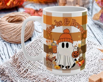 Fall Books Reading Ghost Mug Gift, Custom Halloween Mug, Spooky Ghost Mug, Pumpkin Coffee Cup, Funny Novelty Coffee Cup for Bookworm