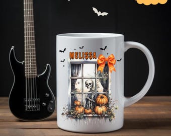 Anpassad skelett vid fönstret-mugg, skelettvibbar-kaffekopp, pumpa- och skelettmugg, läskig skelettkopp, skelettälskare Halloween-muggpresent