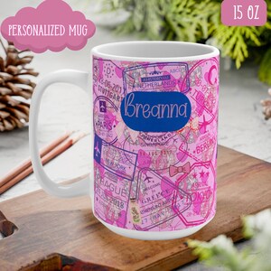 Personalized Traveler Coquette Coffee Mug, Pink Bows Mug, Pink Passport Stamps Mug, Pink Disco Ball Coffee Cup Gift, Graduation/Birthday Mug