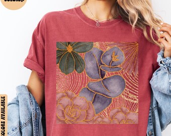 Camiseta de arte botánico, camiseta abstracta con flores grandes, regalo para amantes de la naturaleza, camiseta floral, camiseta de algodón con estampado, camiseta con flores extragrandes, camiseta de verano