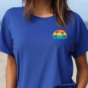 Spring Break Retro Beach Tee, Bella Canvas 3001 Palm Tree Sunset Shirt, Coastal Vacation T-Shirt for Women