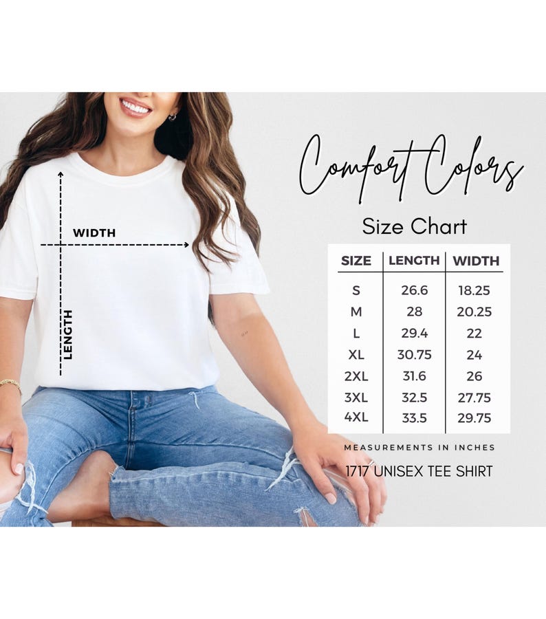 May include: Size chart for a unisex t-shirt, showing measurements in inches for sizes S through 4XL. The chart includes length and width measurements.