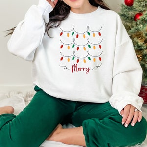 Christmas Gift Christmas Lights Merry Sweatshirt Women&#39;s Christmas Sweater Crewneck Pullover Christmas Holiday Sweater Winter, Gift For Her