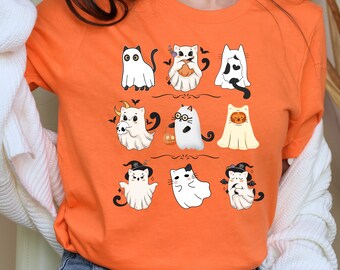 Funny Ghost Cats Halloween T-Shirt: Spooky Season Women's Crewneck