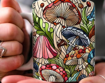 Stained Glass Mushroom Coffee Mug: Ceramic Tea Cup, Plant Lover Gift
