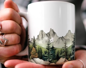 Bergkiefer Kaffeebecher: Aquarell Natur Szene, Wandergeschenk