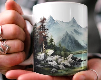 Mountain Lake Coffee Mug: Nature Watercolor Design