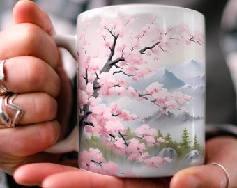 Kirschblüten Berg Kaffeebecher: Natur inspirierte Keramiktasse