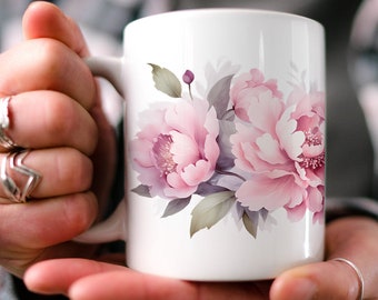 Pfingstrosen Aquarell Becher: Floral Cottagecore Keramik Kaffeetasse