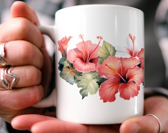 Hibiskus Aquarell Keramiktasse: Cottagecore Blumenmuster