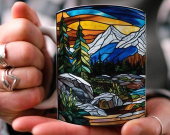Stained Glass Mountain Range Mug: Nature-Inspired Ceramic Coffee Cup