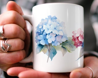 Aquarell Hortensien-Becher: Blumen- Cottagecore Keramikbecher