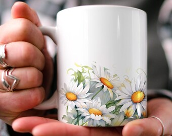 Gänseblümchen-Blumen-Tasse: Aquarell Cottagecore Kaffeetasse aus Keramik