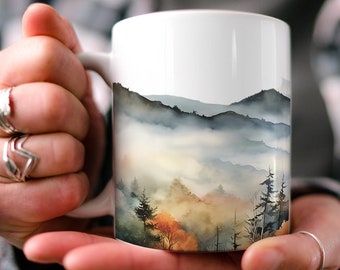 Tasse de chaîne de montagnes de Smokey | Inspiré de la nature | Conception extérieure | Scène de montagne aquarelle | Cadeau papa | Cadeau pour les amoureux de la nature | Tasses populaires