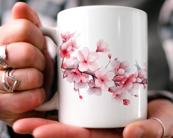 Aquarell Kirschblüten Tasse: Floral Cottagecore Keramik Tasse