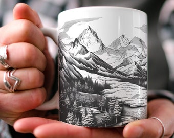 Mountain Range Coffee Mug: Black and White Nature Design