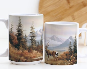 Berge und Hirsch Kaffeetasse: Natur Inspirierte Aquarell Szene