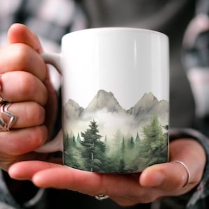 Mountain Fog Coffee Mug: Watercolor Mountain Scene, Camping Gift