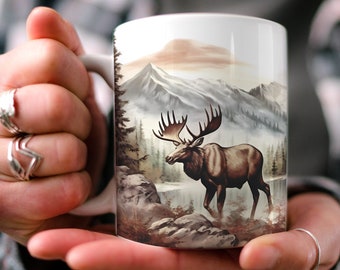 Mountains and Moose Coffee Mug: Nature Inspired Ceramic Cup