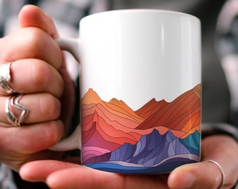 Tasse de café colorée de chaîne de montagnes | Inspiré de la nature | Conception extérieure | Scène de montagne aquarelle | Cadeau papa | amoureux de la nature | Tasse populaire