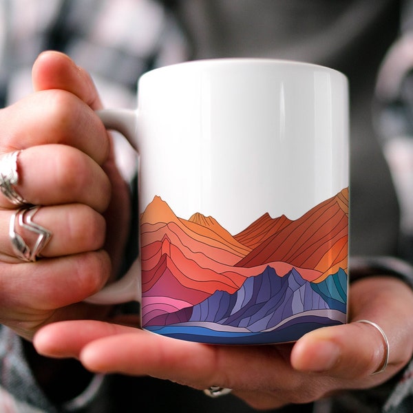 Colored Mountain Range Coffee Mug | Nature Inspired | Outdoor Design | Watercolor Mountain Scene | Dad Gift | Nature Lover | Popular Mug