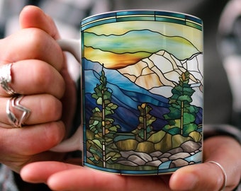 Buntglas-Gebirgszug-Kaffeetasse | Natur inspiriert | Aussengestaltung | Aquarell Berg Szene | Papa Geschenk | Geschenk für Naturliebhaber