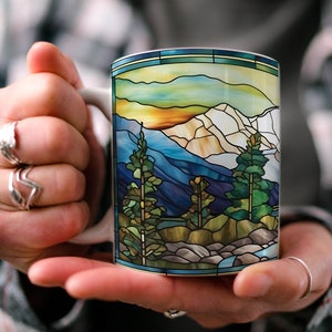 Stained Glass Mountain Range Coffee Mug, Nature Lover Gift, Hiking Camper Mug, Outdoor Drinkware
