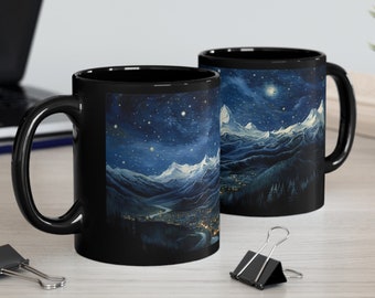 Starry Mountain Night Coffee Mug: Nature Adventure Design
