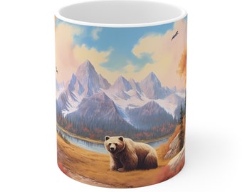Mountains and Bear Coffee Mug: Nature Watercolor Scene