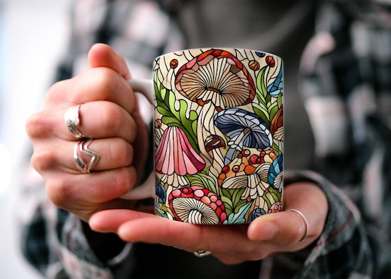 Stained Glass Mushroom Coffee Mug: Ceramic Tea Cup, Plant Lover Gift