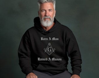 Raised A Mason Heavy Blend™ Hooded Sweatshirt (Grey Font), Christmas, Father's Day, Freemason, Masonic, Birthday, Winter