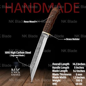 May include: A handmade knife with a 1095 high carbon steel engraved blade, a rosewood handle, and a brass bolster. Specifications include an overall length of 14.2 inches, a 5-inch handle, a 9.2-inch blade, 5 mm thickness, 1.3-inch width, and 300 g weight.