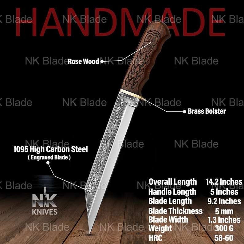 May include: A handmade knife with a 1095 high carbon steel engraved blade, a rosewood handle, and a brass bolster. Specifications include an overall length of 14.2 inches, a 5-inch handle, a 9.2-inch blade, 5 mm thickness, 1.3-inch width, and 300 g weight.