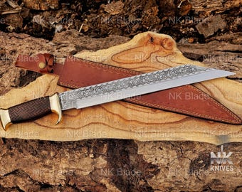Custom Handmade Viking Seax long Knife with Sheath- Medieval Warrior Celtic Seax Blade with Wooden Handle- Best Anniversary Gift for him