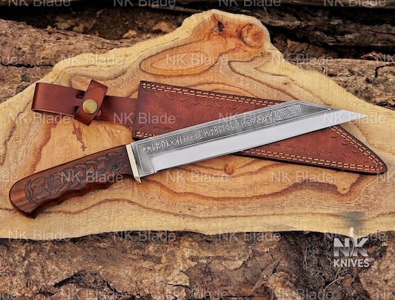 Custom Handmade Viking Seax Knife with Sheath- Medieval Warrior Celtic Seax Blade with Wooden Handle- Best Anniversary Gift for him