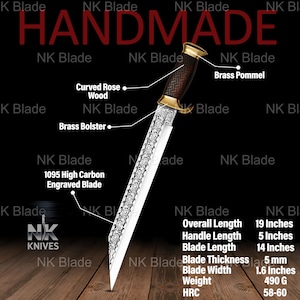 May include: A knife with a 14-inch engraved 1095 high carbon steel blade, a brass bolster, and a curved rosewood handle with a brass pommel. The overall length is 19 inches, handle length is 5 inches, blade thickness is 5 mm, and weight is 490 grams.
