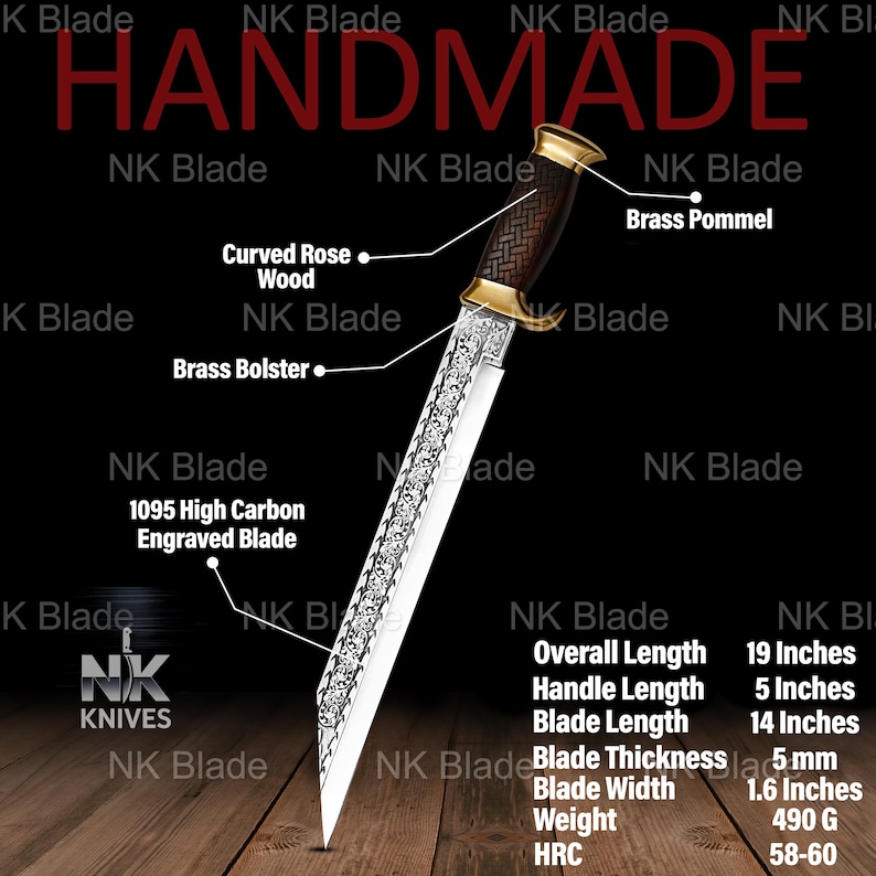 May include: A knife with a 14-inch engraved 1095 high carbon steel blade, a brass bolster, and a curved rosewood handle with a brass pommel. The overall length is 19 inches, handle length is 5 inches, blade thickness is 5 mm, and weight is 490 grams.